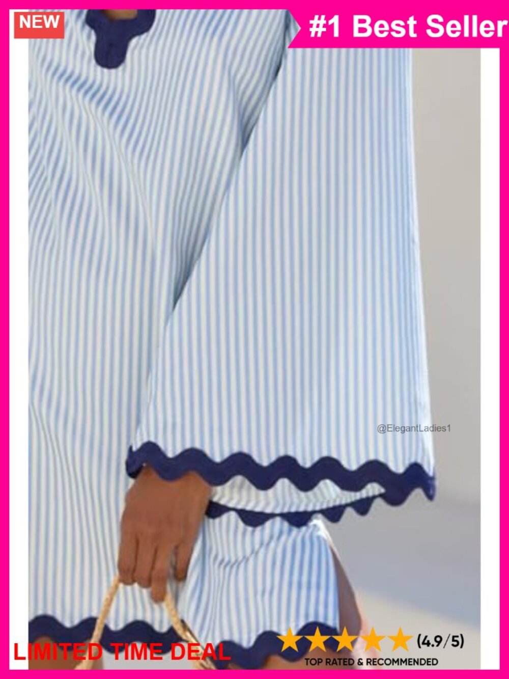 VAOYIU Boho Striped V Neck Flare Sleeve Mini Dress Wavy Trim Beach Coverup - Picture 3 of 6
